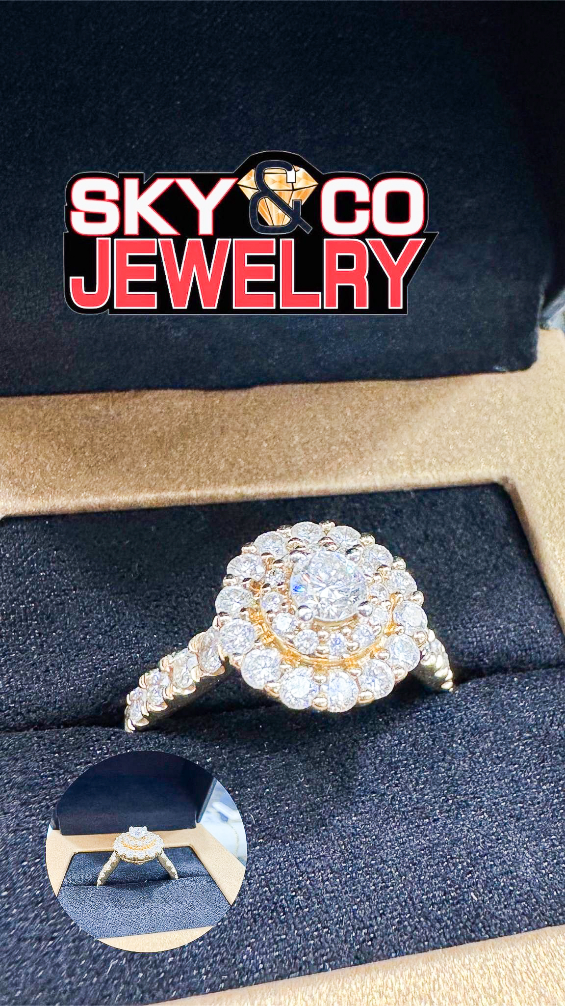 Elaborate diamond engagement ring with double halo setting in Sky & Co box