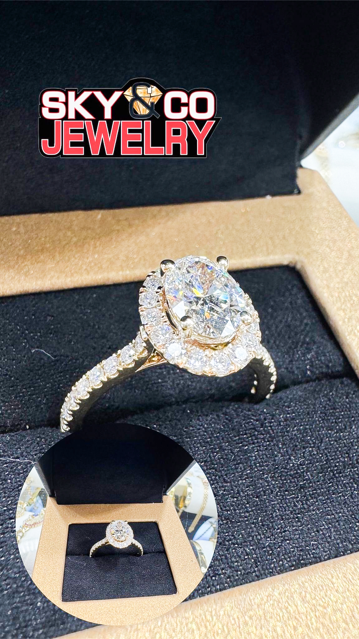 Magnificent oval diamond engagement ring with halo setting in Sky & Co presentation box