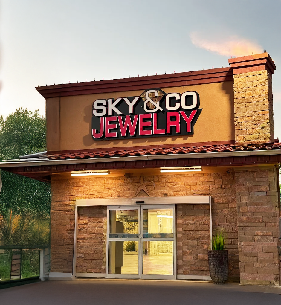 Sky & Co Jewelry storefront exterior at dusk
